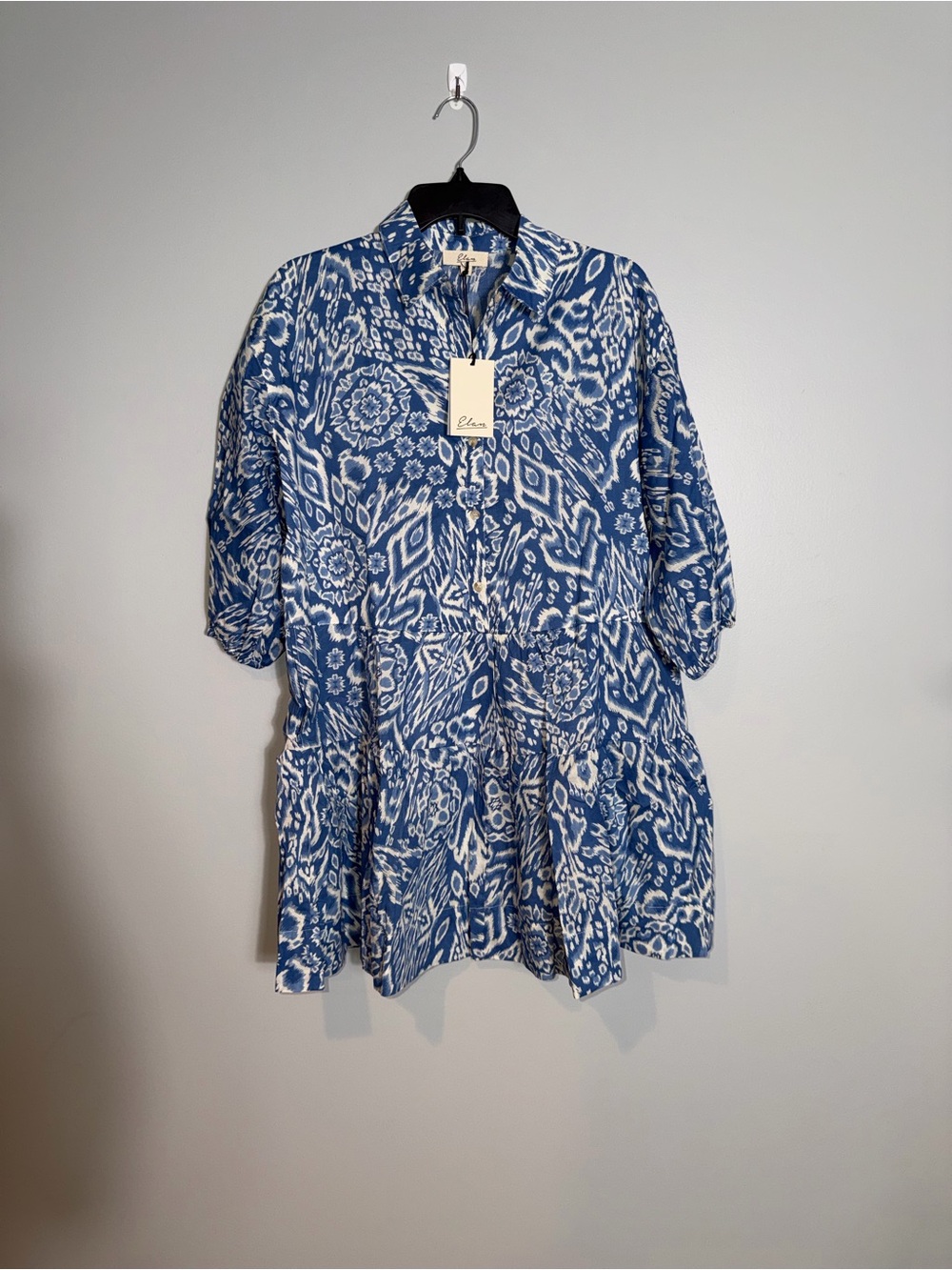 Elan Blue and White Printed Tiered Dress w pockets